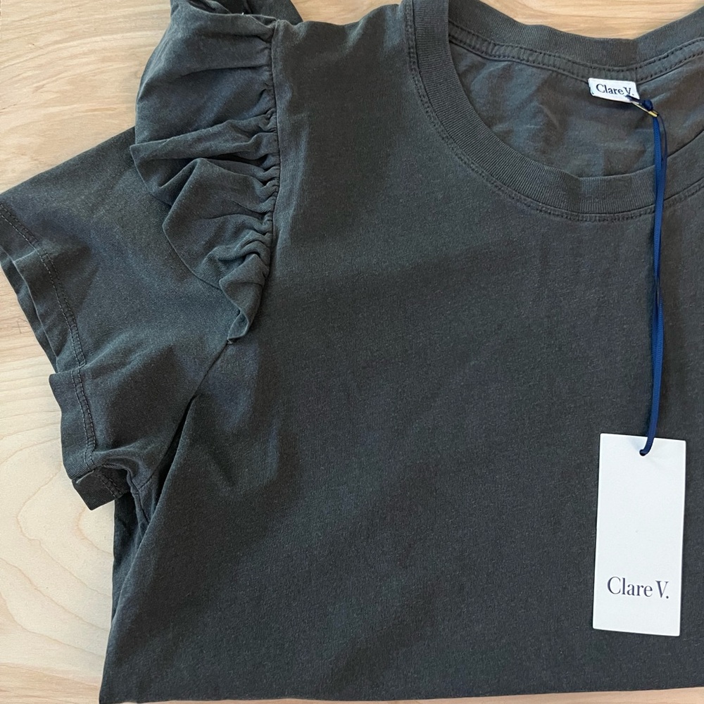 NWT Clare V Gray Ruffle Sleeve Short Sleeve Tee Large - Picture 7 of 8